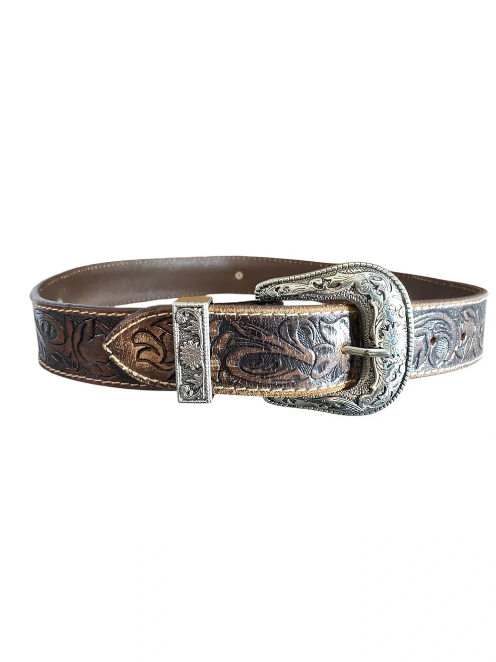 Brown Leather Western Belt Tooled Leather Hide Details Concho Details